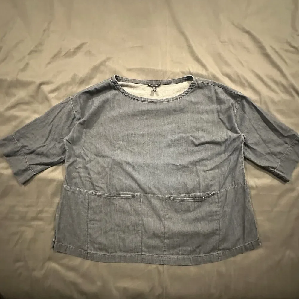 Eileen Fisher Airy Twill Shirt Bateau Neck Boxy Top Organic Cotton Blue Pockets